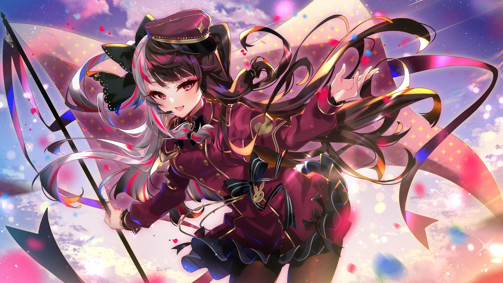 華やかな dark toneの衣装を着たアニメ少女が、パステルカラーときらめく光に包まれた幻想的な背景に描かれている。