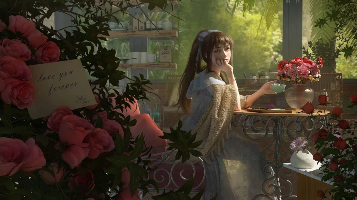 一位动漫风格的年轻女性坐在花园咖啡馆的桌旁，周围环绕着鲜花与绿植。