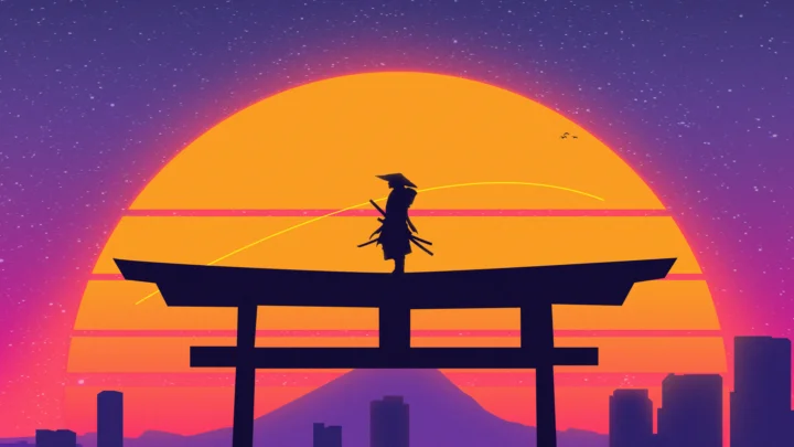 橙色夕阳映照着鸟居和城市剪影，构成紫红色天空下的数字插画画面。
