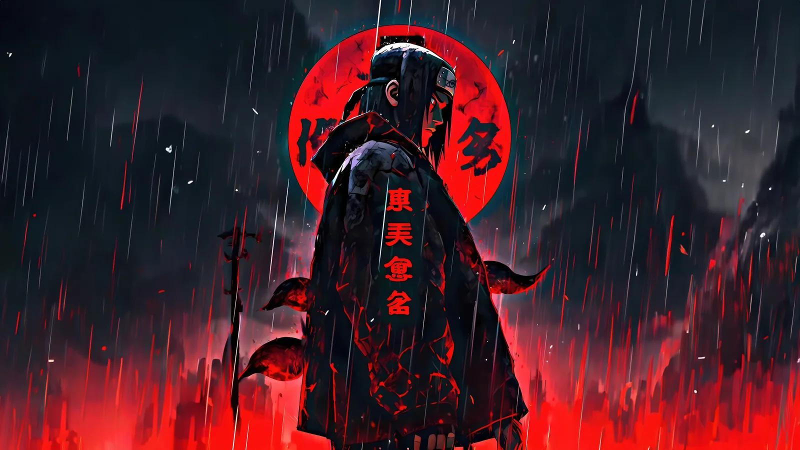 画面中央是一名身着深色铠甲的蒙面人物，站在红色圆形背景前的雨幕中。