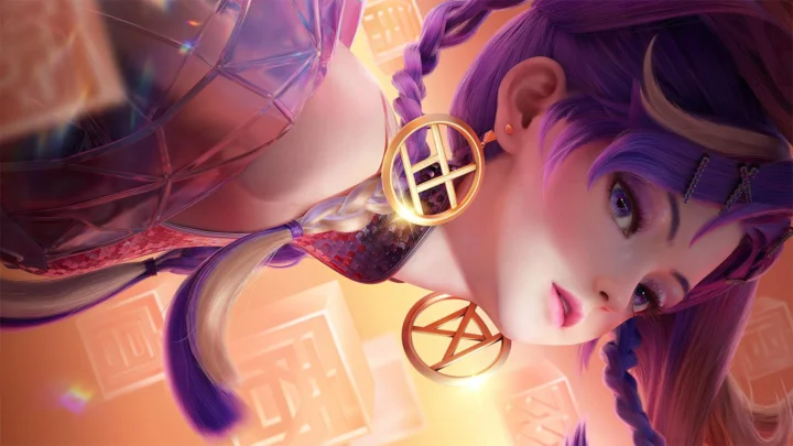 紫色头发的动漫女性侧脸占据画面主体，背景呈现温暖的橙粉色光影。