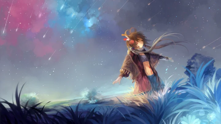 一位动漫少女站在星空下的草地上，周围散落着发光的星尘。