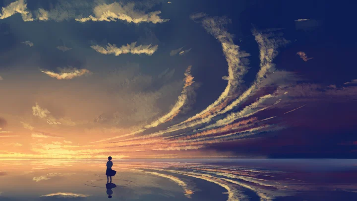 夕阳照耀着潮湿的海滩，天空布满延展的云彩，水面映出绚丽的光影。