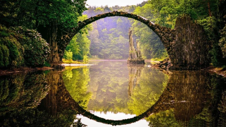一座古朴的石拱桥横跨宁静的森林水面，倒影清晰可见。