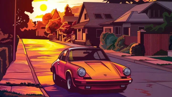 一辆橙红色跑车停在夕阳映照的住宅街道上，画面为复古风格插画。