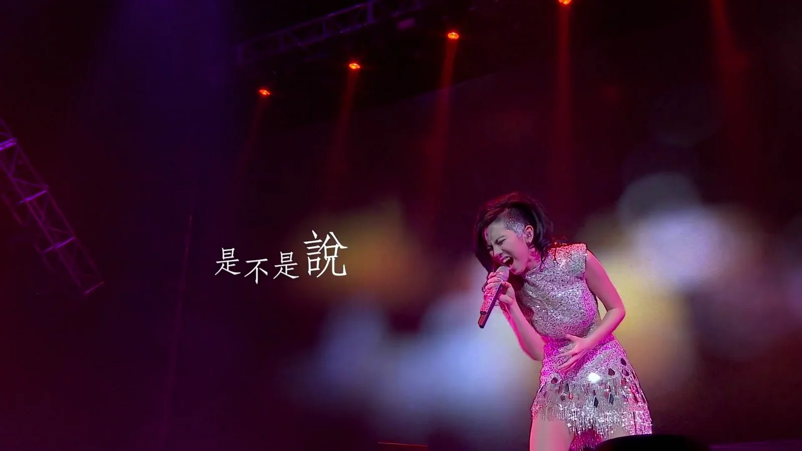 一位歌手手持麦克风在紫红色舞台灯光下演唱。