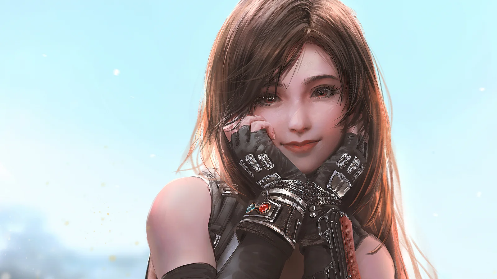 茶色の髪と黒い手袋を身につけたアニメ風の女性が、明るい青色の背景の前でこちらを見ています。