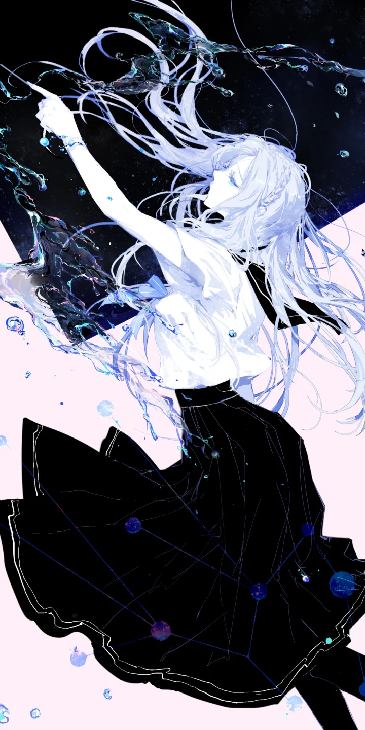 画面呈现一位白发动漫少女，长发飘动，身穿黑色长裙，周围点缀着蓝白色抽象水花与光线。