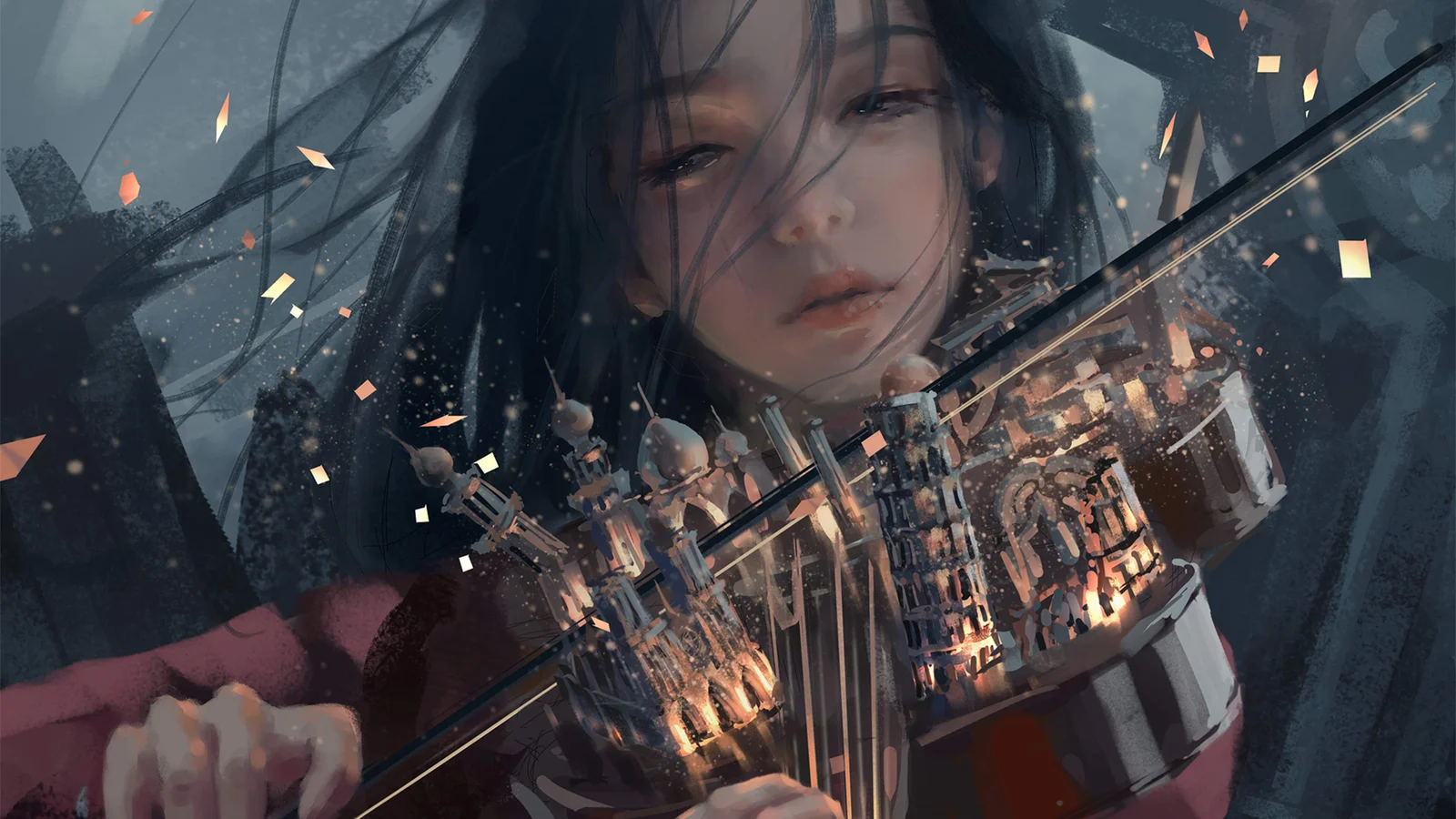 一名动漫风格的黑发少女手持小提琴，画面中可见飞散的光片与复杂的机械结构。
