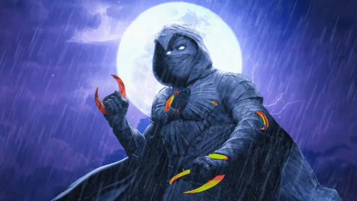一名蒙面人物站在明亮满月前，周围是紫色雨幕和闪电。
