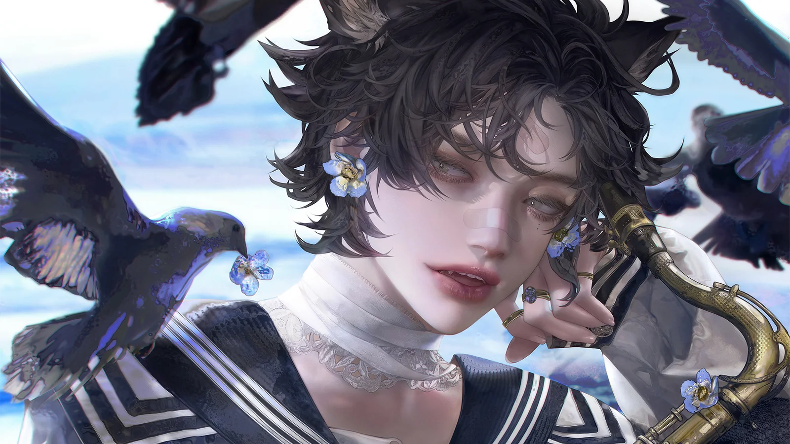 画面描绘一名黑发动漫风格青年，身旁有黑色飞鸟和一件铜管乐器。