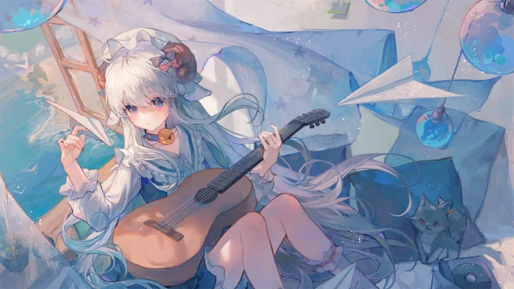 一名白发蓝衣的动漫少女抱着木吉他坐在淡蓝色插画场景中，旁边有一只猫。