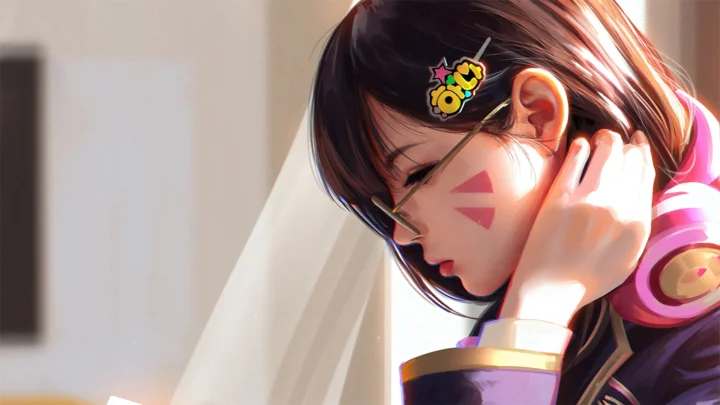 画面展示一名戴着耳机、手靠近脸部的动漫女孩侧面插画。