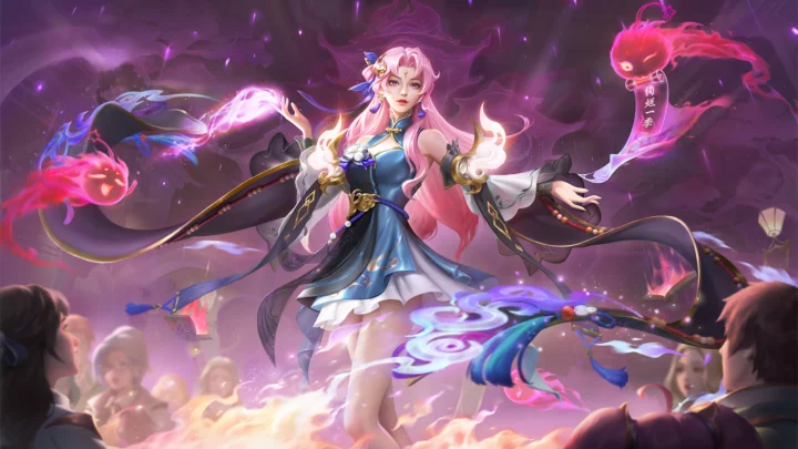 画面中央是一名身着华丽蓝色服饰的动漫女性角色，周围环绕着发光的奇幻生物与紫色光影。