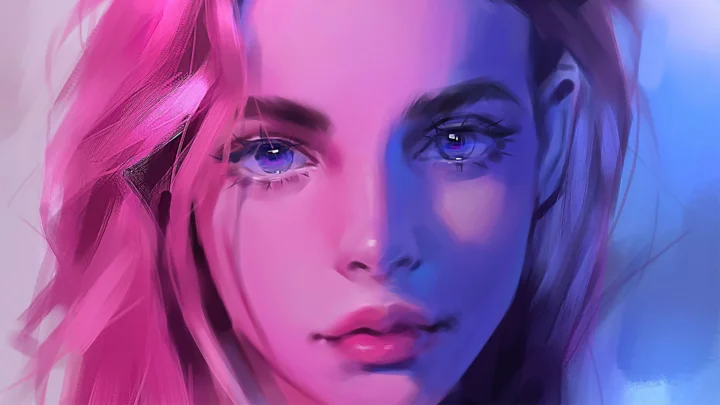 画面展示了一张粉蓝霓虹光影下的女性面部插画特写。