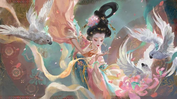 一幅横向中国风插画，描绘一名女子、飞鸟和彩色花朵交织在柔和的背景中。