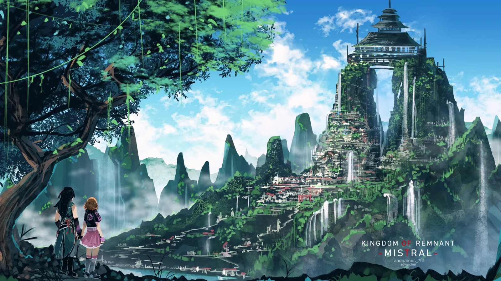 アニメ風の幻想的な谷に蔓で覆われた高塔がそびえ、周囲には山々、滝、木々、青空が広がっています。