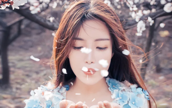 一名女子在樱花树下闭眼捧着飘落的花瓣。