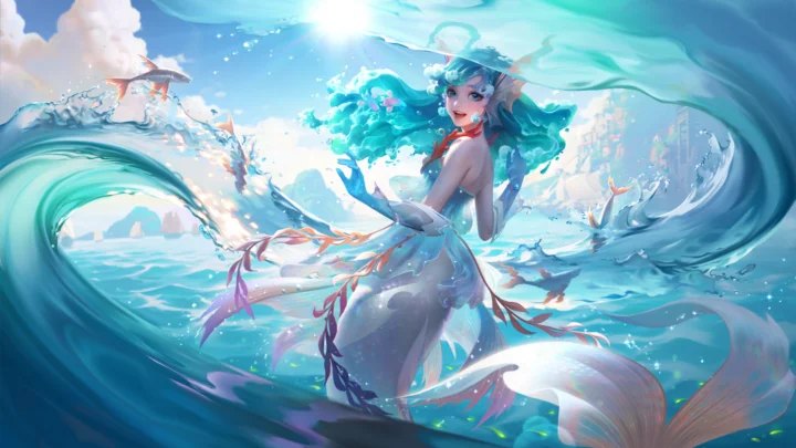 一名蓝发人鱼动漫角色置身于明亮的海浪与飞溅水花之间。