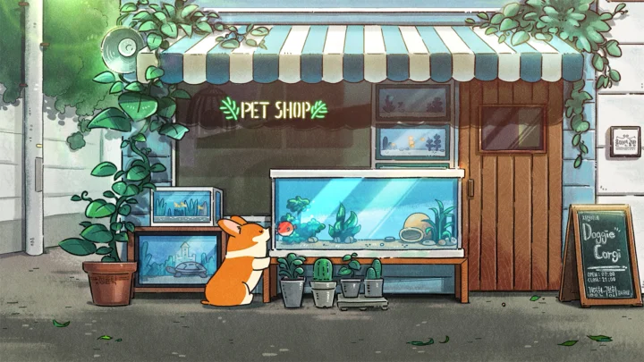 一只橙白色狐狸坐在宠物店门前，周围摆放着水族箱和盆栽植物。