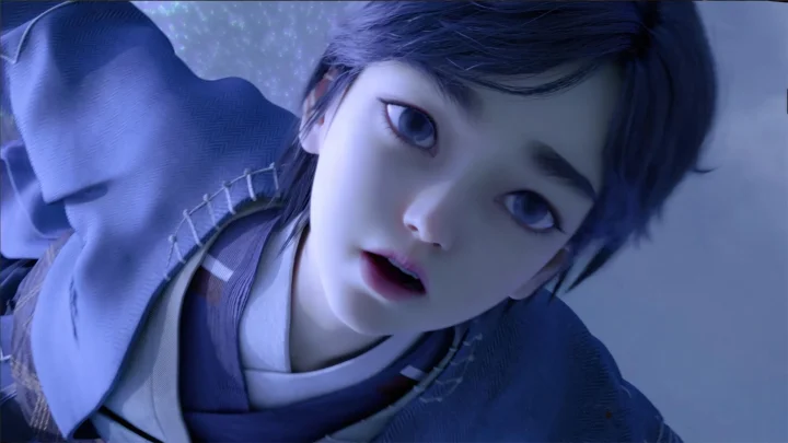 青い髪のアニメキャラクターの顔が大きく映った、寒色系のクローズアップです。