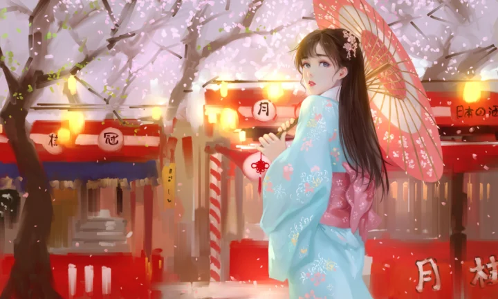一名身穿浅蓝色和服的动漫少女站在樱花、灯笼和日式建筑之间，手持红色油纸伞。