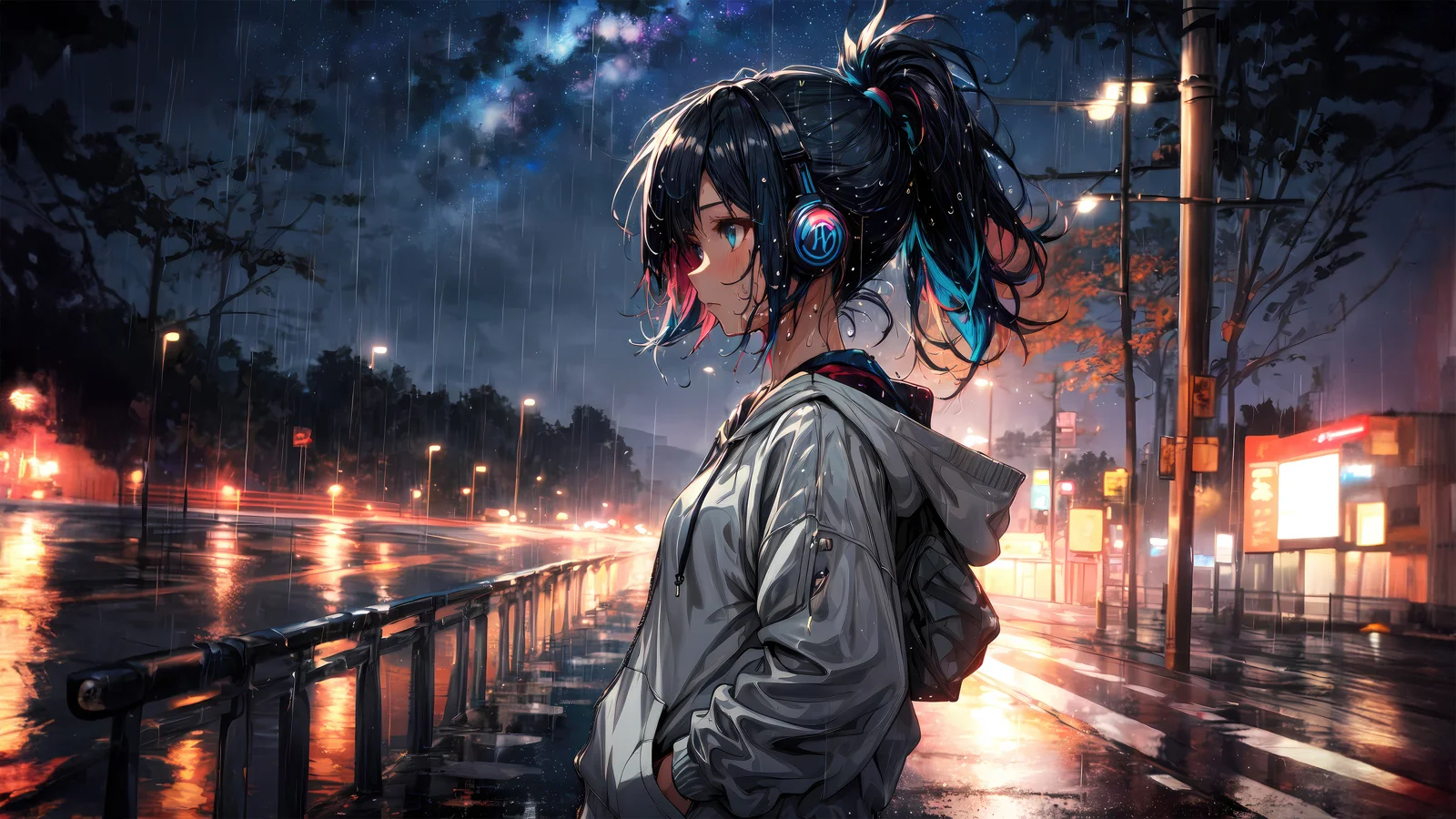 一名戴耳机的动漫女孩站在雨中的霓虹城市街道旁。