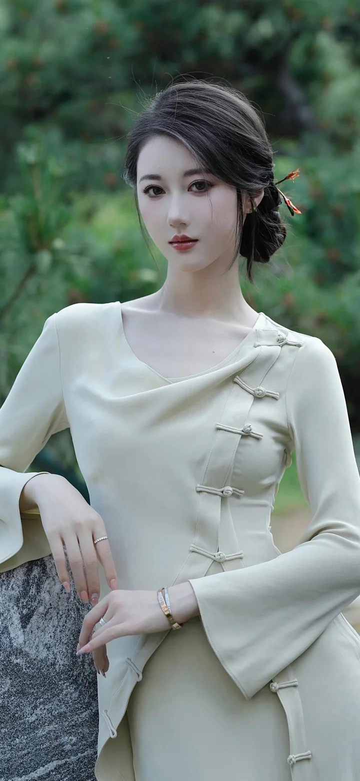 一位成年女性身穿浅色中式风格服装，在绿意背景前摆姿势。