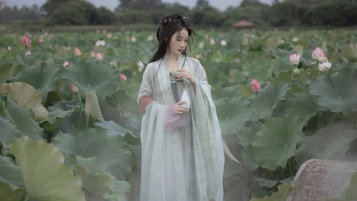 一名身穿浅色传统服饰的女子站在荷花与荷叶环绕的池塘中。