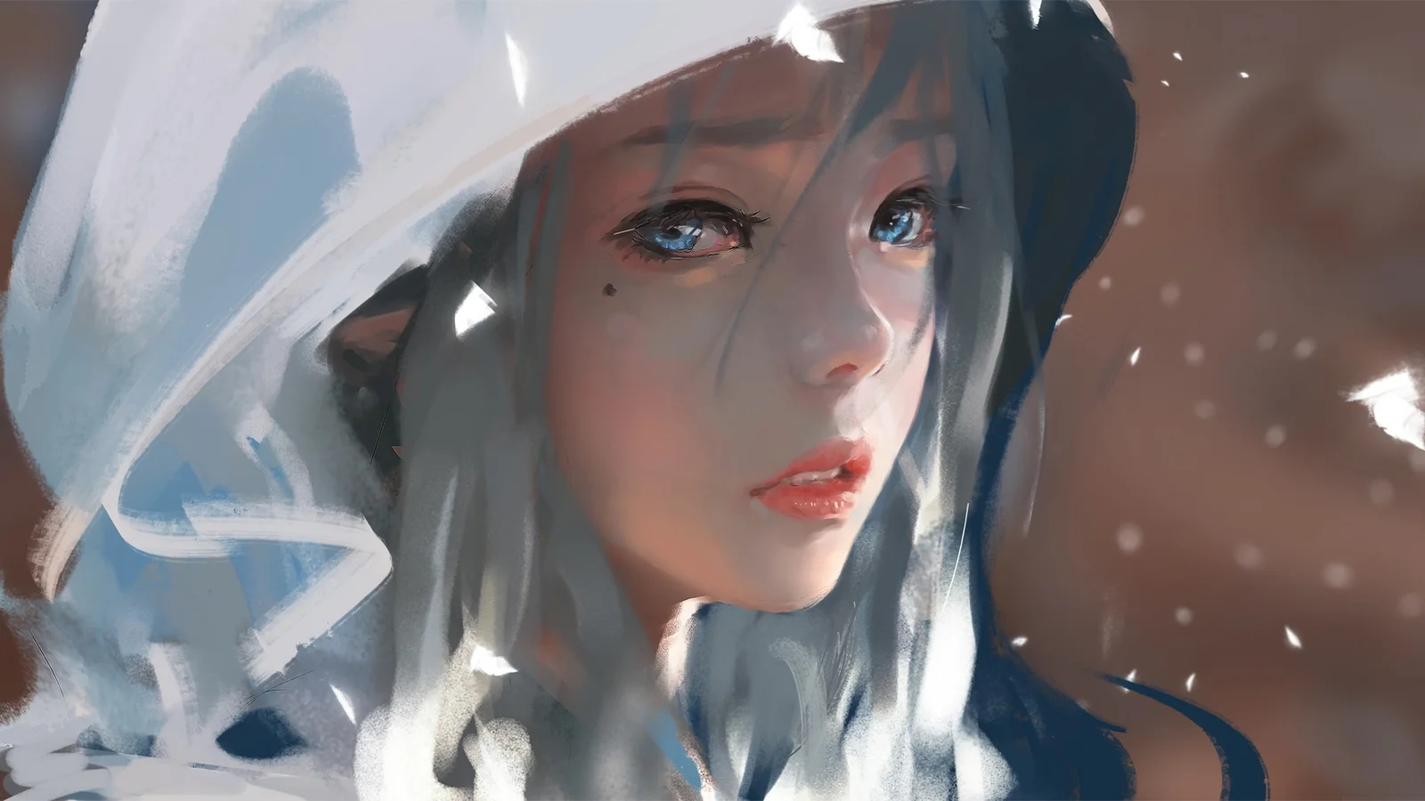 青い瞳の女性を描いたアニメ風のクローズアップ肖像で、淡い布地と濃い髪が顔を縁取っています。