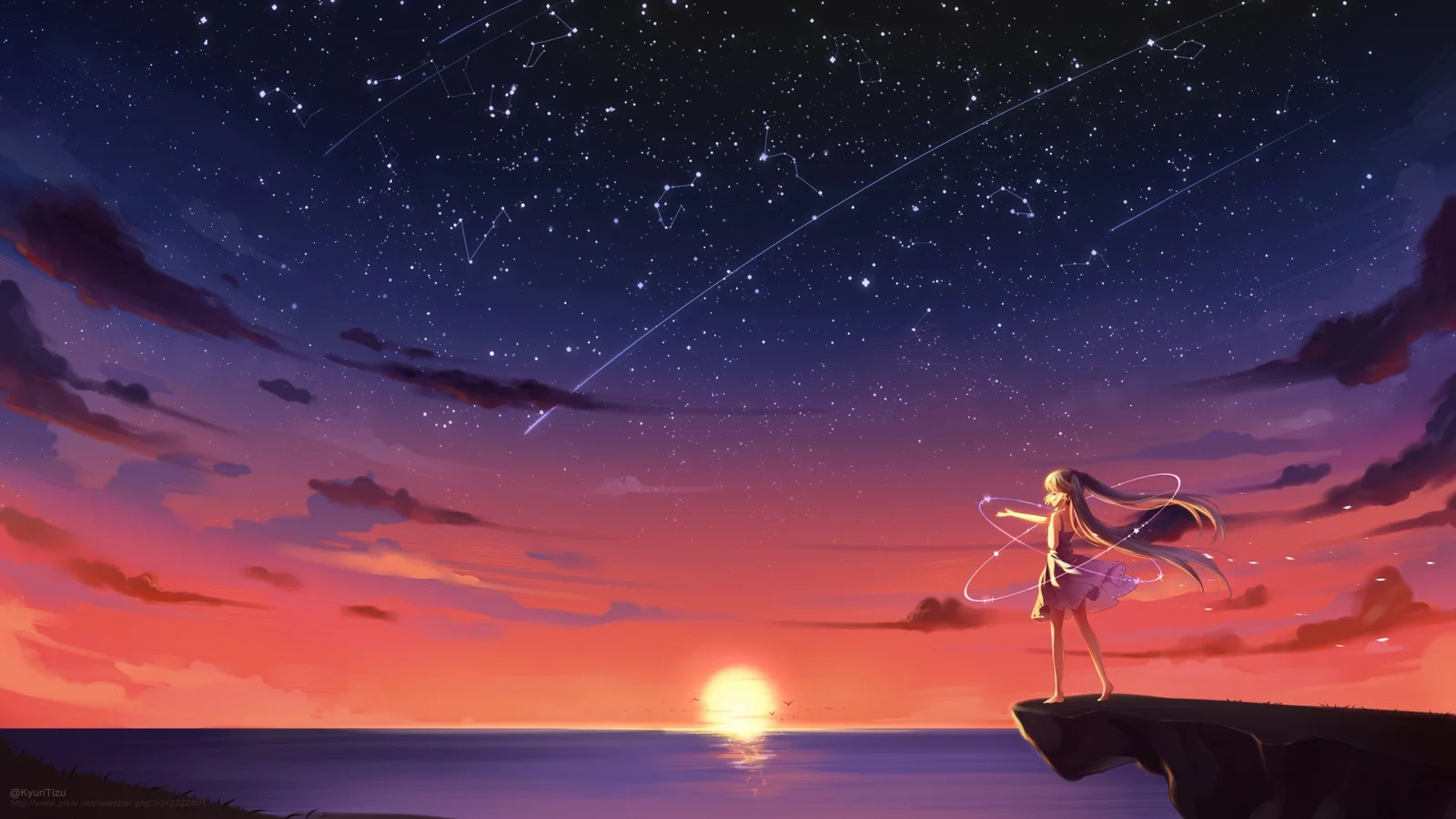アニメ風の人物が海辺の崖に立ち、夕日に照らされた海と星空を見つめている。
