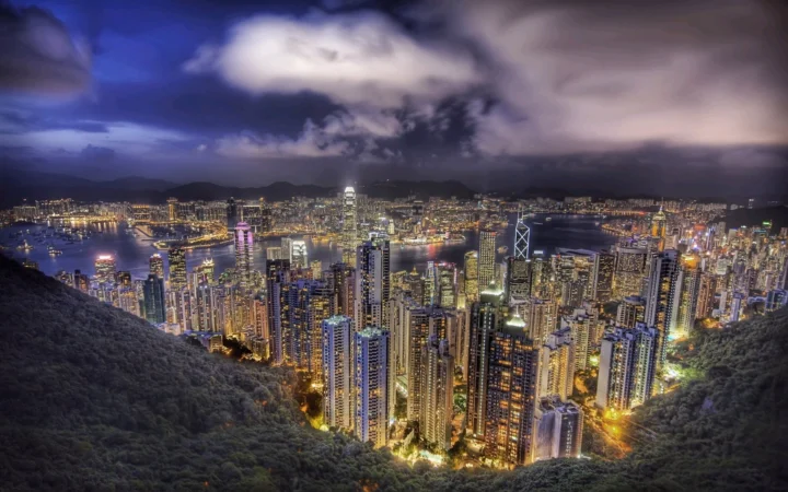 从山坡俯瞰灯火璀璨的城市、港湾与远山夜景。
