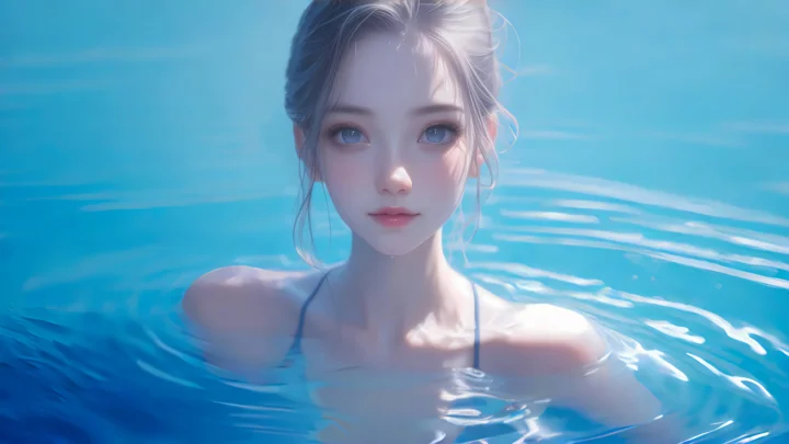 一名动漫风格的女性肩部以上浸在蓝色水中，水面泛起波纹和高光。