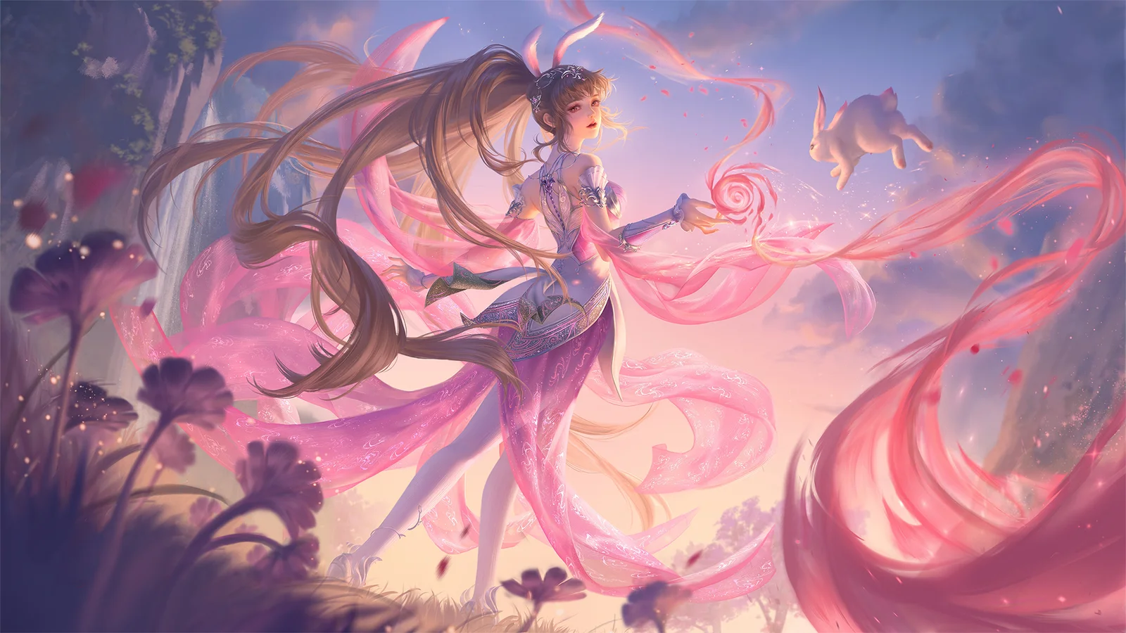 画面描绘一位身着紫色服饰的动漫少女，站在梦幻的粉色飘带与花朵之间。