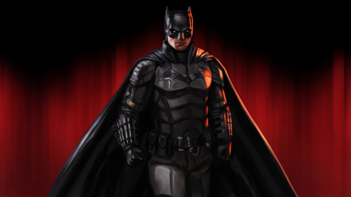 画面中央是一名身穿黑色装甲、披着斗篷并戴着面罩的人形角色，背景为红色帘幕和黑暗阴影。