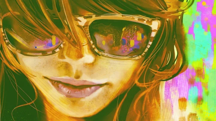 金色、緑、ピンクの筆致で描かれた、サングラスをかけた女性の顔のカラフルなイラストです。