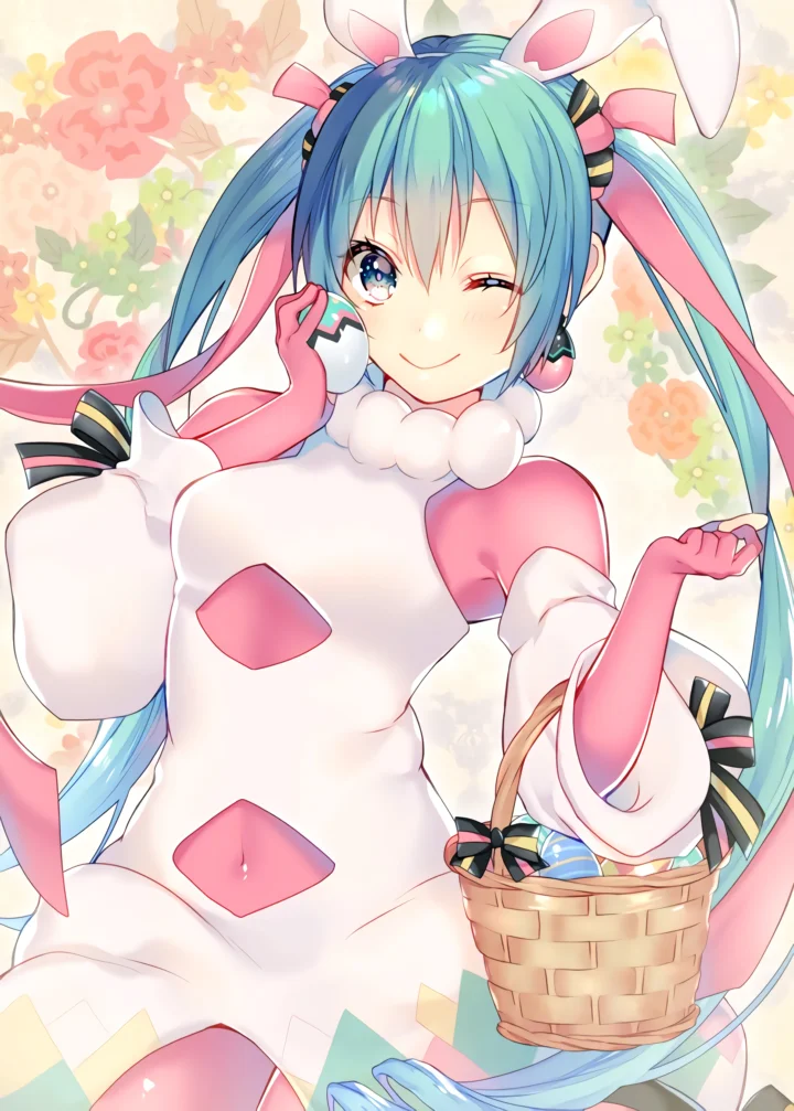 青い髪のアニメキャラクターが、ピンクと白のウサギ風衣装で花柄の背景を前に籠を持っています。