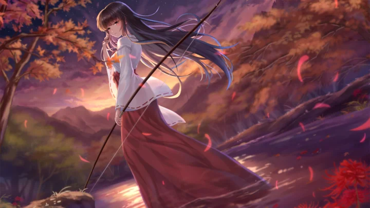 一名长发动漫少女站在秋日森林与山水之间，身穿白色上衣和红色长裙，周围飘落着红色花瓣。