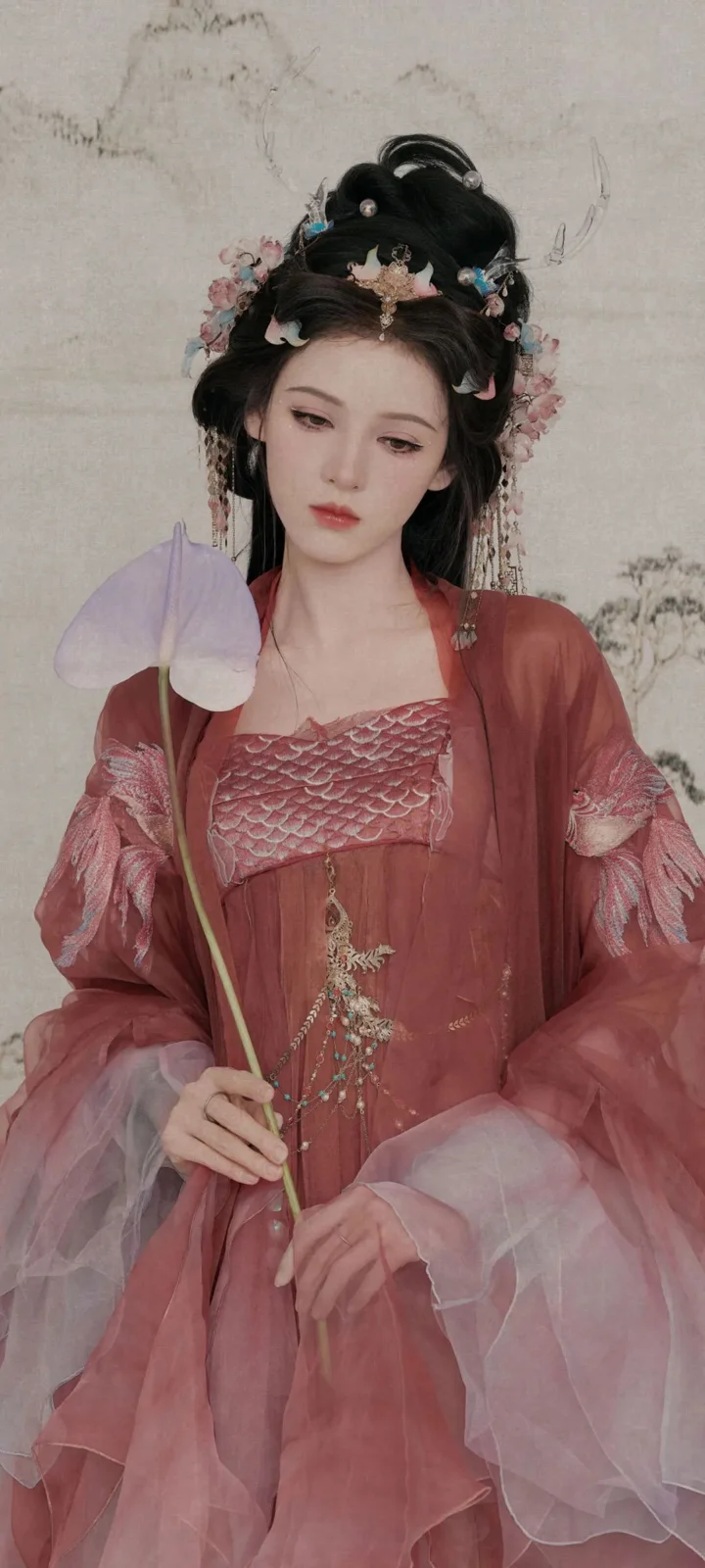 一位身着古风红色服饰、手持团扇的仕女插画。