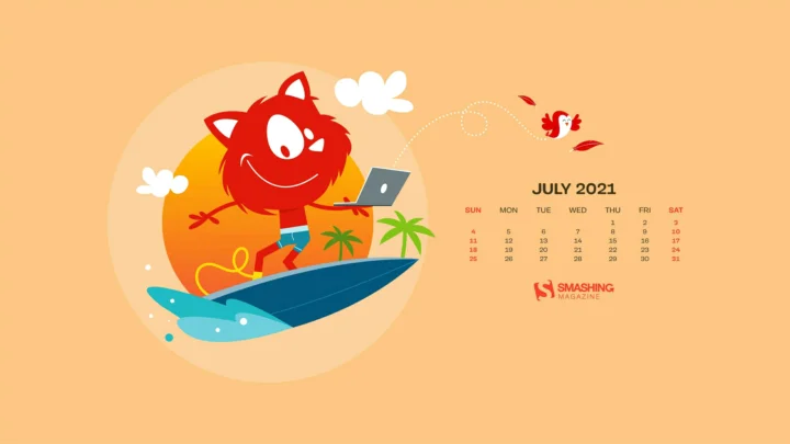 桃色の背景に、ノートパソコンを持った赤い cartoon cat が青いサーフボードの上に描かれ、ヤシの木と2021年7月のカレンダーが添えられています。