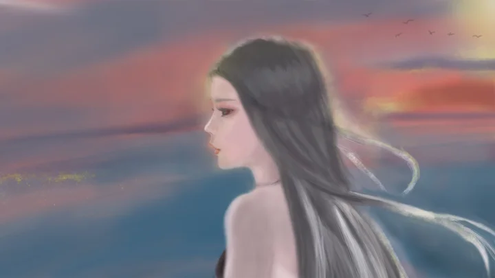 긴 머리의 애니메이션풍 여성이 다채로운 노을 아래 바다를 바라보고 있다.