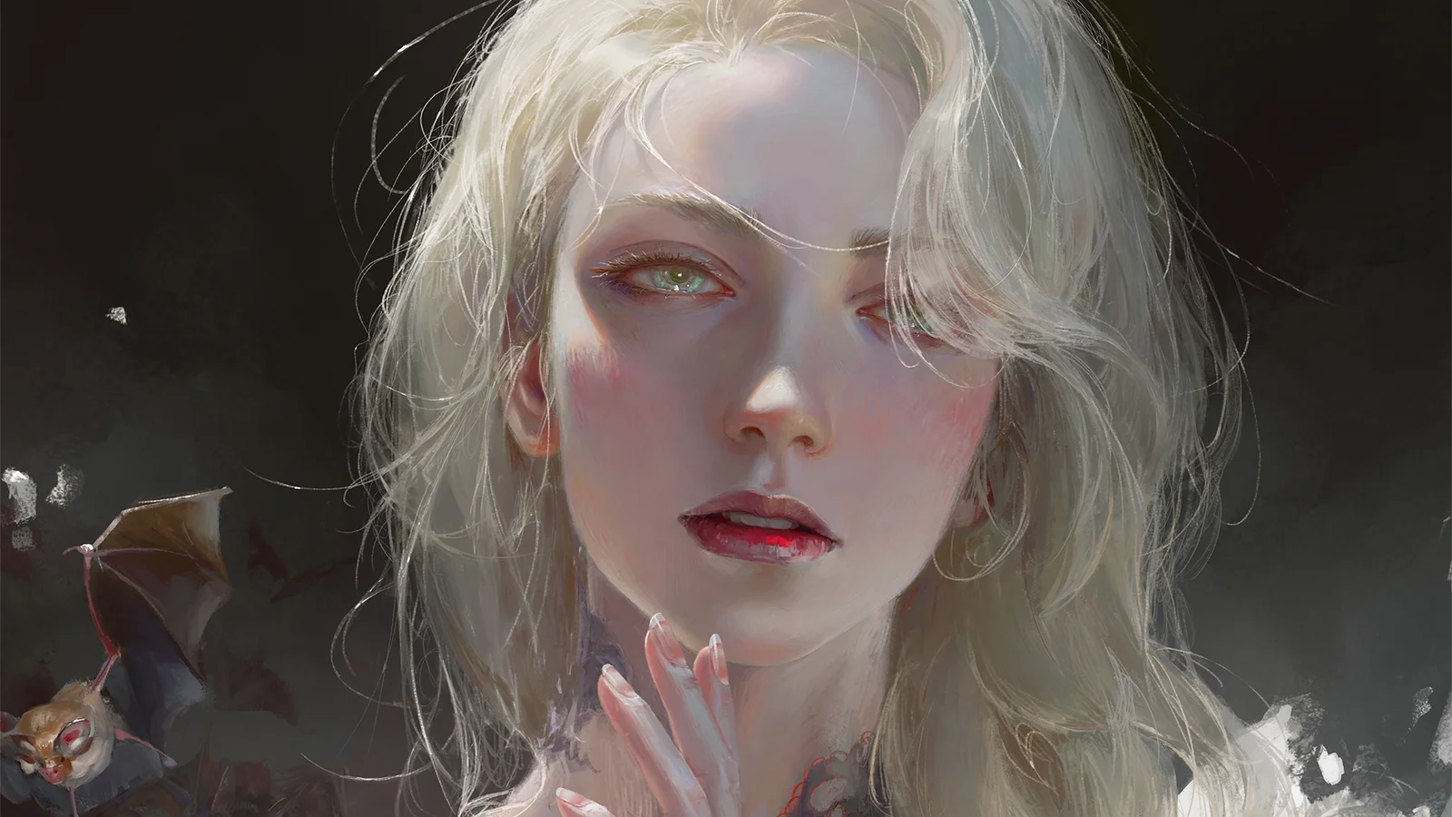 画面展示一位金发女性的近距离插画肖像，背景深暗。