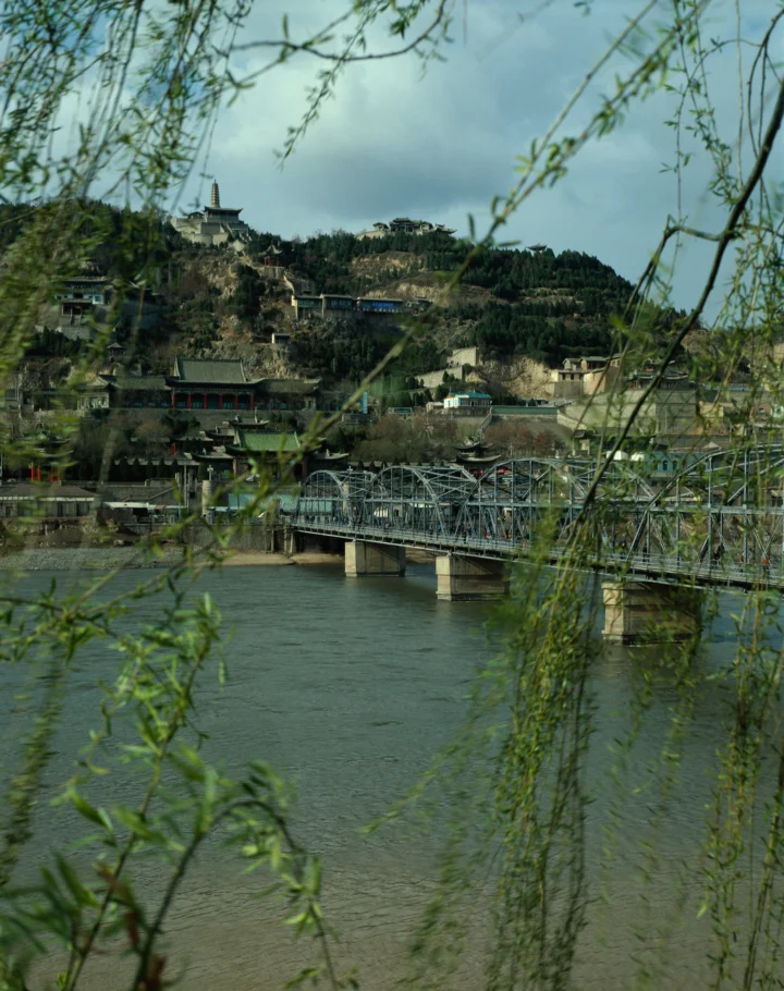 柳枝掩映下，河流穿过山城与古桥，构成宁静的山水风景。
