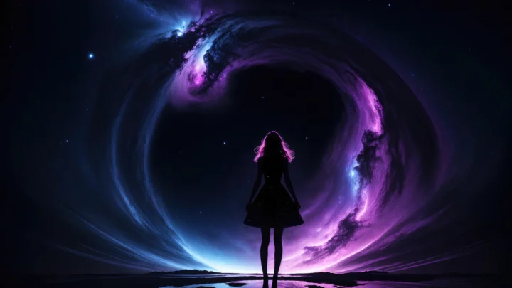 紫蓝色星云环绕着一片繁星点点的深色天空，中央可见一个人物剪影。