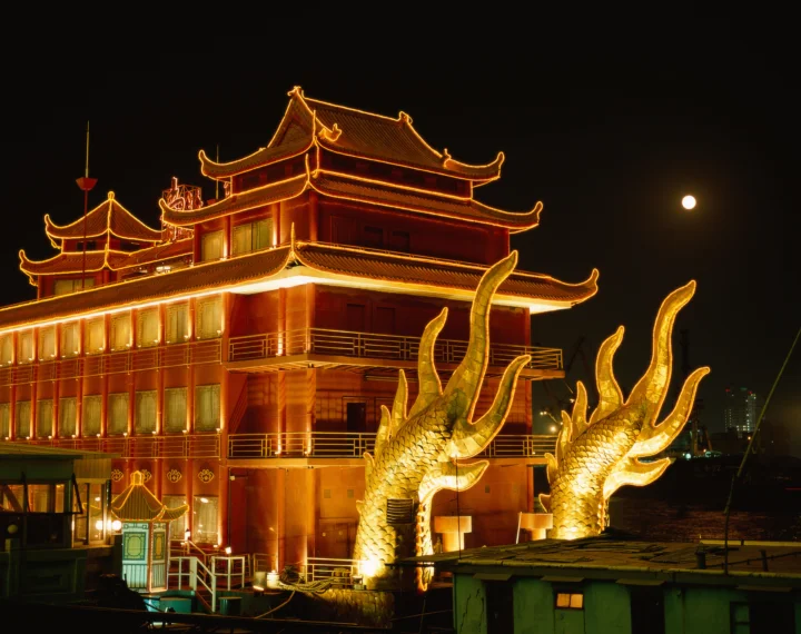 夜色中，一座金色灯光装饰的中式建筑前矗立着两座龙形雕塑，天空中可见明亮的月亮。