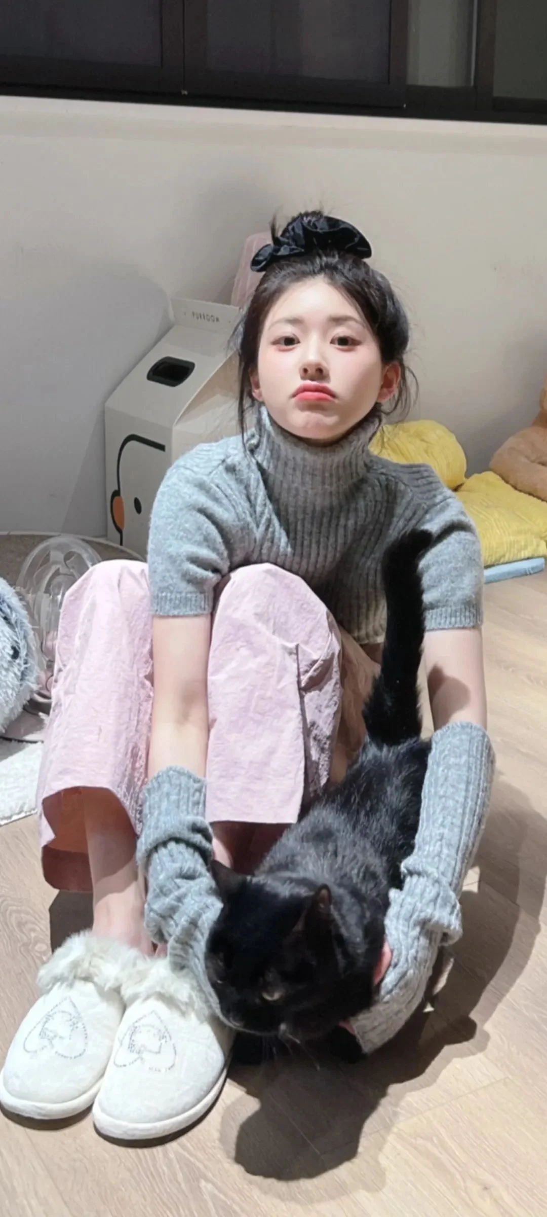 一名穿灰色毛衣的女性坐在室内地板上，怀里抱着一只黑猫，旁边有一只白猫。