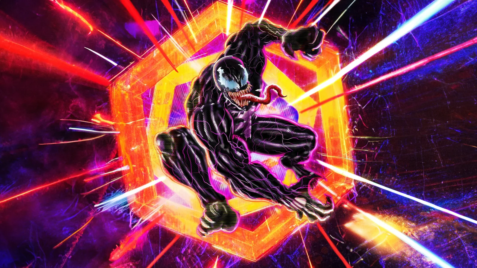 黒い異形のアニメキャラクターが、紫と赤のネオン光線と発光する幾何学模様を背景に跳躍している。