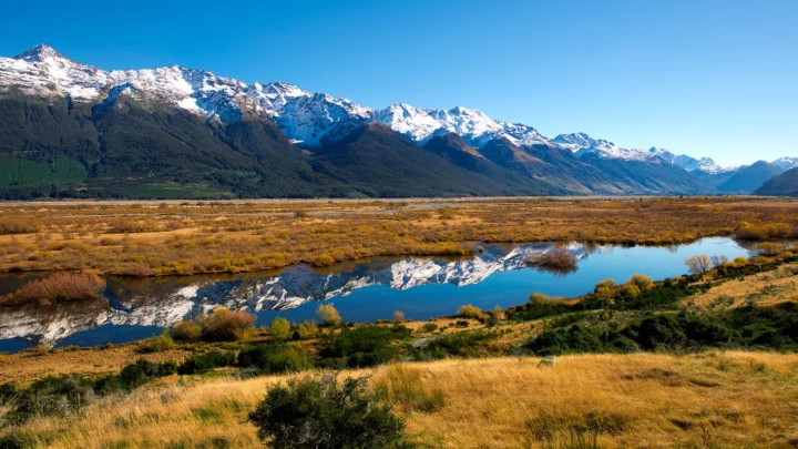 蓝天下的雪山、河流倒影与金色草地构成宁静的自然风景。