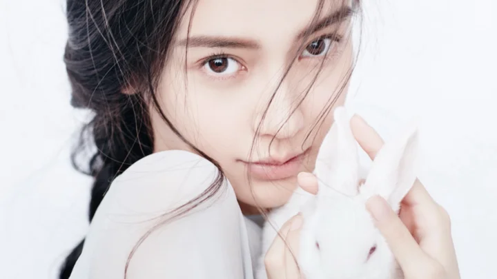 一名女子近距离凝视镜头，手中抱着一只白兔，画面背景明亮简洁。