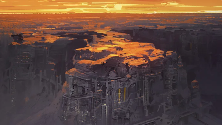 暗い幾何学的な構造物が、輝くオレンジ色の夕空の下に広がる抽象的な風景です。